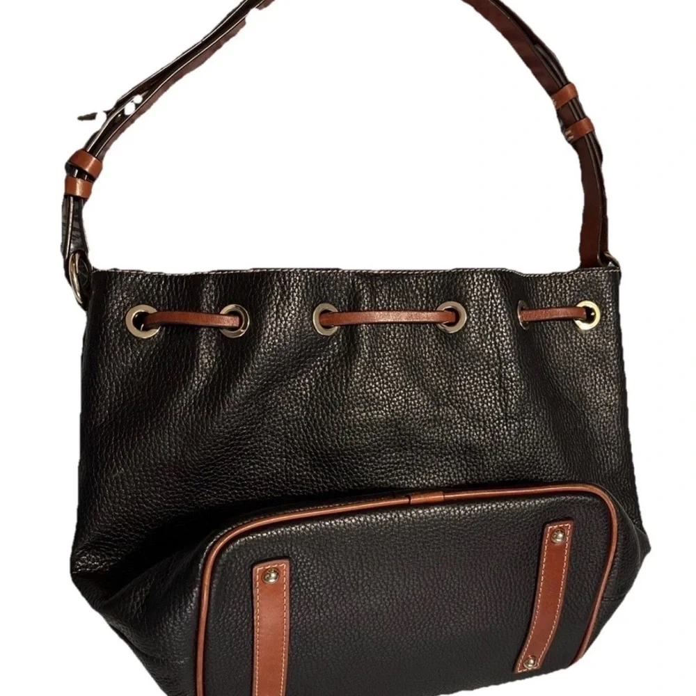 Dooney & Bourke Black Pebbled Leather Drawstring Bucket Bag with Brown Trim - Picture 10 of 11